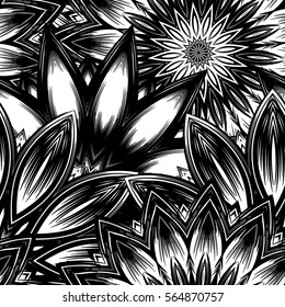 Seamless floral background. Tracery handmade nature ethnic fabric backdrop pattern with flowers. Textile design texture. Decorative binary monochrome black and white art. Vector.