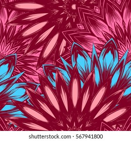 Seamless floral background. Tracery handmade nature ethnic fabric backdrop pattern with flowers. Textile design texture. Decorative color art. Vector.