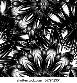 Seamless floral background. Tracery handmade nature ethnic fabric backdrop pattern with flowers. Textile design texture. Decorative binary monochrome black and white art. Vector.