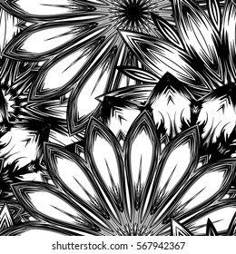 Seamless floral background. Tracery handmade nature ethnic fabric backdrop pattern with flowers. Textile design texture. Decorative binary monochrome black and white art. Vector.