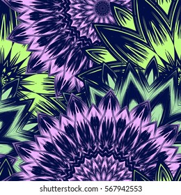 Seamless floral background. Tracery handmade nature ethnic fabric backdrop pattern with flowers. Textile design texture. Decorative color art. Vector.