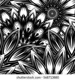 Seamless floral background. Tracery handmade nature ethnic fabric backdrop pattern with flowers. Textile design texture. Decorative binary monochrome black and white art. Vector.