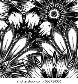 Seamless floral background. Tracery handmade nature ethnic fabric backdrop pattern with flowers. Textile design texture. Decorative binary monochrome black and white art. Vector.