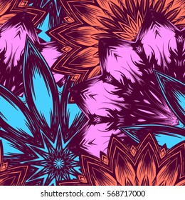 Seamless floral background. Tracery handmade nature ethnic fabric backdrop pattern with flowers. Textile design texture. Decorative color art. Vector.