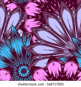 Seamless floral background. Tracery handmade nature ethnic fabric backdrop pattern with flowers. Textile design texture. Decorative color art. Vector.