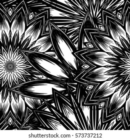 Seamless floral background. Tracery handmade nature ethnic fabric backdrop pattern with flowers. Textile design texture. Decorative binary monochrome black and white art. Vector.