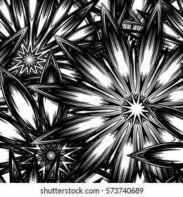 Seamless floral background. Tracery handmade nature ethnic fabric backdrop pattern with flowers. Textile design texture. Decorative binary monochrome black and white art. Vector.