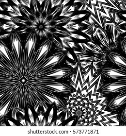 Seamless floral background. Tracery handmade nature ethnic fabric backdrop pattern with flowers. Textile design texture. Decorative binary monochrome black and white art. Vector.