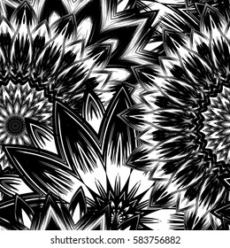 Seamless floral background. Tracery handmade nature ethnic fabric backdrop pattern with flowers. Textile design texture. Decorative binary monochrome black and white art. Vector.