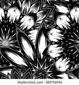 Seamless floral background. Tracery handmade nature ethnic fabric backdrop pattern with flowers. Textile design texture. Decorative binary monochrome black and white art. Vector.