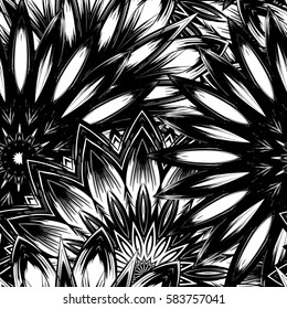 Seamless floral background. Tracery handmade nature ethnic fabric backdrop pattern with flowers. Textile design texture. Decorative binary monochrome black and white art. Vector.