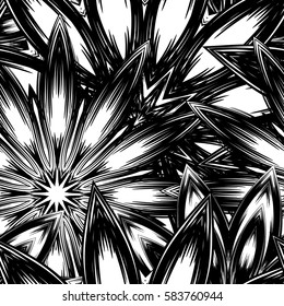 Seamless floral background. Tracery handmade nature ethnic fabric backdrop pattern with flowers. Textile design texture. Decorative binary monochrome black and white art. Vector.