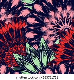 Seamless floral background. Tracery handmade nature ethnic fabric backdrop pattern with flowers. Textile design texture. Decorative color art. Vector.