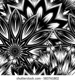 Seamless floral background. Tracery handmade nature ethnic fabric backdrop pattern with flowers. Textile design texture. Decorative binary monochrome black and white art. Vector.