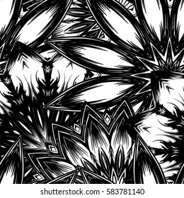 Seamless floral background. Tracery handmade nature ethnic fabric backdrop pattern with flowers. Textile design texture. Decorative binary monochrome black and white art. Vector.