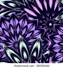 Seamless floral background. Tracery handmade nature ethnic fabric backdrop pattern with flowers. Textile design texture. Decorative color art. Vector.