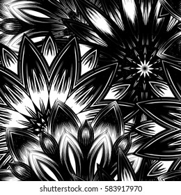Seamless floral background. Tracery handmade nature ethnic fabric backdrop pattern with flowers. Textile design texture. Decorative binary monochrome black and white art. Vector.