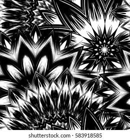 Seamless floral background. Tracery handmade nature ethnic fabric backdrop pattern with flowers. Textile design texture. Decorative binary monochrome black and white art. Vector.
