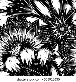 Seamless floral background. Tracery handmade nature ethnic fabric backdrop pattern with flowers. Textile design texture. Decorative binary monochrome black and white art. Vector.