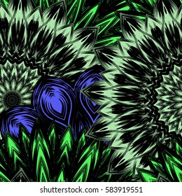 Seamless floral background. Tracery handmade nature ethnic fabric backdrop pattern with flowers. Textile design texture. Decorative color art. Vector.