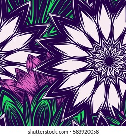 Seamless floral background. Tracery handmade nature ethnic fabric backdrop pattern with flowers. Textile design texture. Decorative color art. Vector.