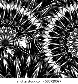 Seamless floral background. Tracery handmade nature ethnic fabric backdrop pattern with flowers. Textile design texture. Decorative binary monochrome black and white art. Vector.