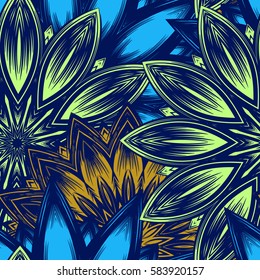 Seamless floral background. Tracery handmade nature ethnic fabric backdrop pattern with flowers. Textile design texture. Decorative color art. Vector.