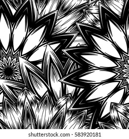 Seamless floral background. Tracery handmade nature ethnic fabric backdrop pattern with flowers. Textile design texture. Decorative binary monochrome black and white art. Vector.