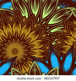 Seamless floral background. Tracery handmade nature ethnic fabric backdrop pattern with flowers. Textile design texture. Decorative color art. Vector.