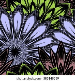 Seamless floral background. Tracery handmade nature ethnic fabric backdrop pattern with flowers. Textile design texture. Decorative color art. Vector.
