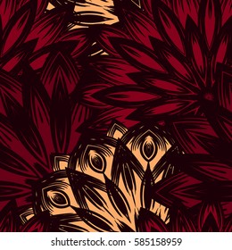 Seamless floral background. Tracery handmade nature ethnic fabric backdrop pattern with flowers. Textile design texture. Decorative color art. Vector.