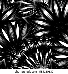 Seamless floral background. Tracery handmade nature ethnic fabric backdrop pattern with flowers. Textile design texture. Decorative binary monochrome black and white art. Vector.