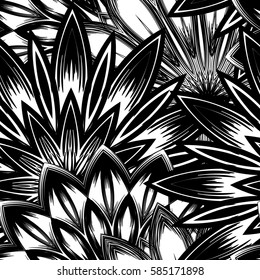 Seamless floral background. Tracery handmade nature ethnic fabric backdrop pattern with flowers. Textile design texture. Decorative binary monochrome black and white art. Vector.