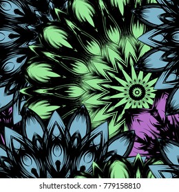 Seamless floral background. Tracery handmade nature ethnic fabric backdrop pattern with saturated dark flowers. Textile design texture. Decorative binary monochrome black and white art. Vector