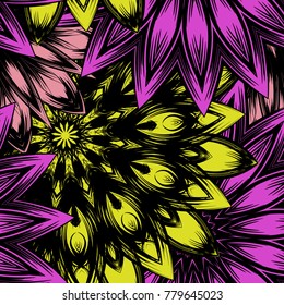 Seamless floral background. Tracery handmade nature ethnic fabric backdrop pattern with saturated dark flowers. Textile design texture. Decorative binary monochrome black and white art. Vector
