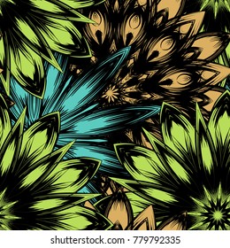 Seamless floral background. Tracery handmade nature ethnic fabric backdrop pattern with flowers. Textile design texture. Decorative color art. Vector