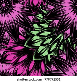 Seamless floral background. Tracery handmade nature ethnic fabric backdrop pattern with flowers. Textile design texture. Decorative color art. Vector