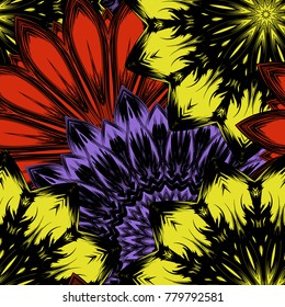 Seamless floral background. Tracery handmade nature ethnic fabric backdrop pattern with flowers. Textile design texture. Decorative color art. Vector