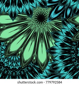 Seamless floral background. Tracery handmade nature ethnic fabric backdrop pattern with flowers. Textile design texture. Decorative color art. Vector