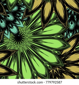 Seamless floral background. Tracery handmade nature ethnic fabric backdrop pattern with flowers. Textile design texture. Decorative color art. Vector