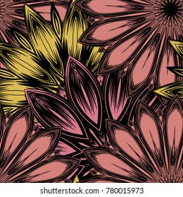 Seamless floral background. Tracery handmade nature ethnic fabric backdrop pattern with flowers. Textile design texture. Decorative color art. Vector