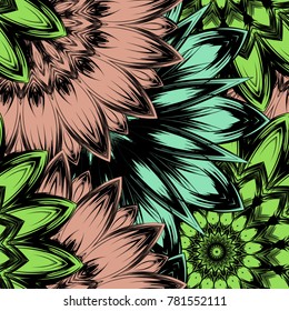 Seamless floral background. Tracery handmade nature ethnic fabric backdrop pattern with flowers. Textile design texture. Decorative color art. Vector