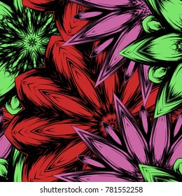 Seamless floral background. Tracery handmade nature ethnic fabric backdrop pattern with flowers. Textile design texture. Decorative color art. Vector