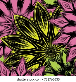 Seamless floral background. Tracery handmade nature ethnic fabric backdrop pattern with flowers. Textile design texture. Decorative color art. Vector