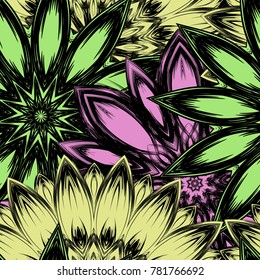 Seamless floral background. Tracery handmade nature ethnic fabric backdrop pattern with flowers. Textile design texture. Decorative color art. Vector