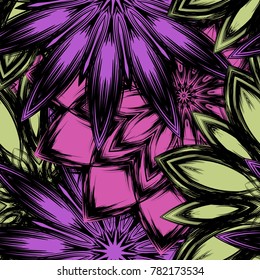 Seamless floral background. Tracery handmade nature ethnic fabric backdrop pattern with flowers. Textile design texture. Decorative color art. Vector