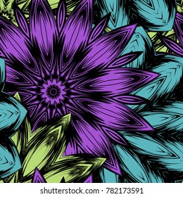 Seamless floral background. Tracery handmade nature ethnic fabric backdrop pattern with flowers. Textile design texture. Decorative color art. Vector