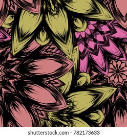 Seamless floral background. Tracery handmade nature ethnic fabric backdrop pattern with flowers. Textile design texture. Decorative color art. Vector