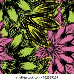 Seamless floral background. Tracery handmade nature ethnic fabric backdrop pattern with flowers. Textile design texture. Decorative color art. Vector