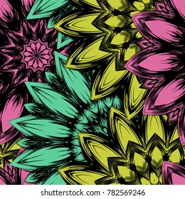 Seamless floral background. Tracery handmade nature ethnic fabric backdrop pattern with flowers. Textile design texture. Decorative color art. Vector